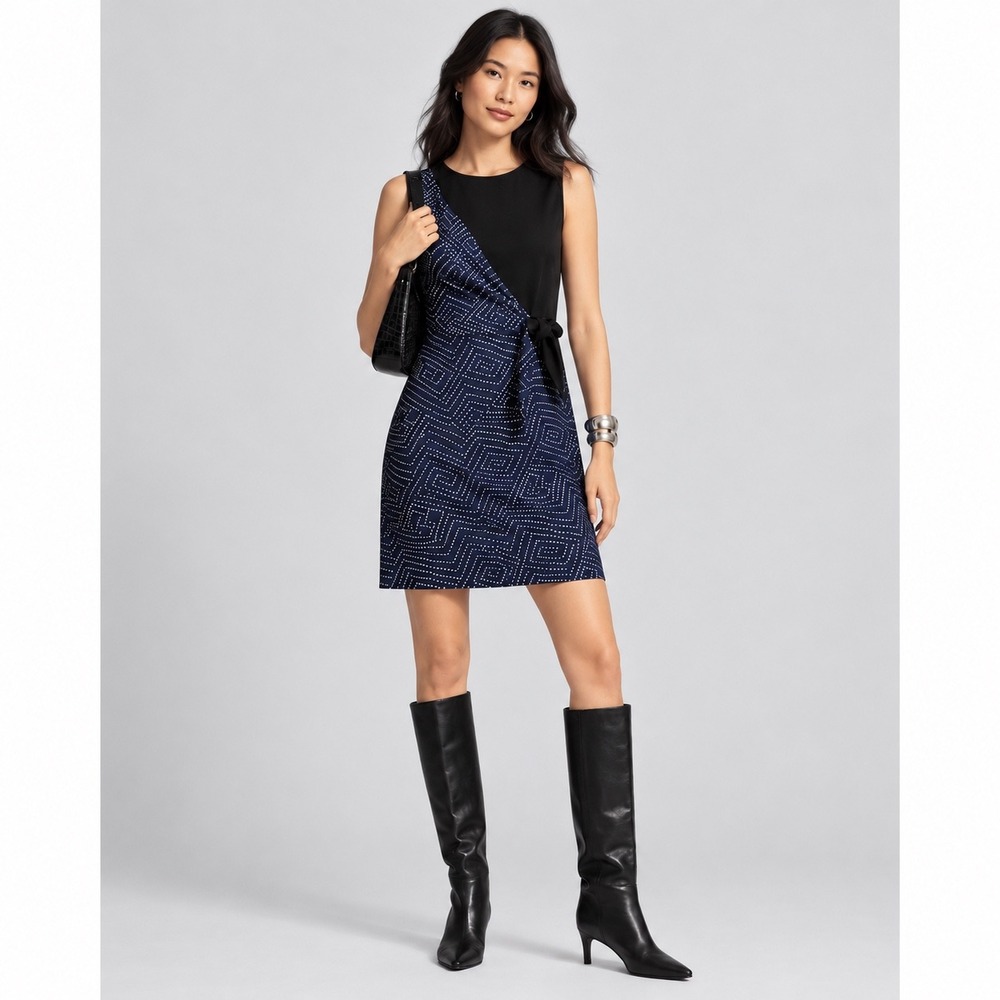 Diane von Furstenberg DVF Batik Silk Mix Sheath Dress Teacher Black Navy 10 NWT